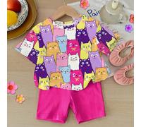 2 pièces/set T-shirt à manches courtes et short imprimé chat coloré, décontracté et mignon pour jeune fille. Mode et confortable pour l'été, convient pour la rentrée scolaire 6Y,7Y,4Y,5YCartoon,Lettre