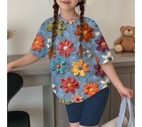 2 pièces/Set T-shirt à manches courtes et short imprimé floral artistique décontracté pour préadolescentes, convient pour l'été, les vacances, le style campagnard, couleurs atténuées, ensembles de ten