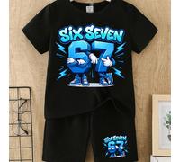 2 pièces/Set T-shirt à manches courtes et short pour tout-petits garçons, imprimé éclair et numéro 67 de style dessin animé, tenue décontractée et créative, confortable pour le printemps et l'été 6Y,7