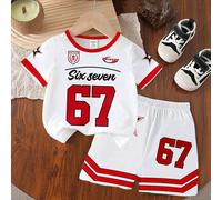 2 pièces/set T-shirt à manches courtes et short pour tout-petits garçons, style décontracté avec imprimés numériques 67, étoiles, rayures, blocs de couleurs Chicago et lettres graphiques. Tenue confor
