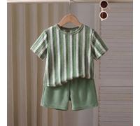 2 pièces/Set T-shirt à manches courtes et short rayé en nid d'abeille pour garçons, convient pour le port quotidien, la maternelle, les activités extérieures et les loisirs sportifs 6Y,7Y,4Y,5YRayéTis