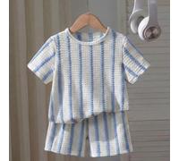 2 pièces/Set T-shirt à manches courtes et short rayé en nid d'abeille pour jeune garçon, convient pour le port quotidien, la maternelle, les activités extérieures et les loisirs sportifs 6Y,7Y,4Y,5YRa