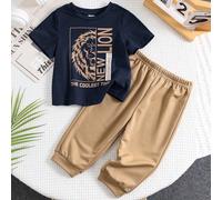 2 pièces/Set T-shirt à manches courtes imprimé mignon de lion confortable et short en tricot pour garçons tout-petits. Convient pour l'intérieur, l'extérieur, le port quotidien, les sports, les jeux,