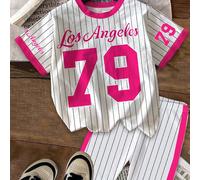 2 pièces/set T-shirt à manches courtes "Los Angeles" numéro 79 imprimé et short minimaliste décontracté pour jeunes filles, convient pour l'été 8Y,9Y,10Y,11Y,12YGéométrique,LettresTissu tricoté