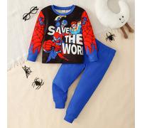 2 pièces/Set T-shirt à manches longues col rond ajusté avec imprimé araignée et super-héros pour jeune garçon, et pantalon de pyjama doux et confortable. Tenue de détente décontractée pour le printemp