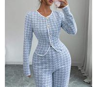 2 pièces Set : T-shirt à manches longues col rond élégant et décontracté avec empiècement jacquard + pantalon droit, tenue pour la rentrée scolaire, printemps/automne L,M,S,XLTout ImpriméTissu tricoté