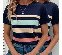 2 pièces/Set T-shirt à manches longues décontracté rayé pour femmes, hauts légers imprimés patchwork blocs de couleurs, design de motif classique, polyvalent pour l'extérieur, confortable pour les voy