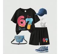 2 pièces/Set T-shirt ample en tricot imprimé Six Seven + Leggings pour jeunes filles, décontracté, polyvalent, convient pour les fêtes, les sorties, les séances photo entre amis, le parc, le camping, 