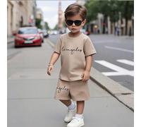 2 pièces/set T-shirt ample et confortable avec impression Los Angeles et short pour jeune garçon. Style décontracté et mignon, convient pour l'école, les fêtes, les sorties, les sports, le style gentl