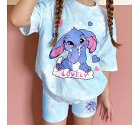 2 pièces set: T-shirt bleu ciel tie-dye avec motif lapin bleu mignon et point de couture, short de vélo près du corps assorti. Style décontracté ample et confortable pour les jeunes filles, pour l'été