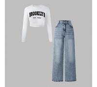 2 pièces/Set T-shirt Co-Ords pour adolescentes, jeans en denim délavé vintage style Y2K, t-shirt en tricot ajusté avec décoration nœud et imprimé lettres assorti à un jean droit simple et ample, tissu