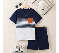 2 pièces/Set T-shirt col rond décontracté blocs de couleurs pour garçons, confortable et à la mode pour le quotidien, l'école et les sports 8Y,9Y,10Y,11Y,12Y,13YBlocs de couleur,RayéPolyester