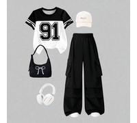 2 pièces/Set T-shirt décontracté et pantalon cargo pour préadolescentes, T-shirt à manches courtes col rond avec motif de broderie en forme de nœud et pantalon, tenue à la mode pour le printemps/été 7