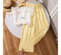 2 pièces/Set T-shirt décontracté pour filles, ensemble Top texturé à manches évasées de couleur unie avec nœud papillon et pantalon large, convient pour les sorties quotidiennes ou les voyages à la pl