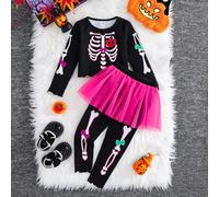 2 pièces/set T-shirt et legging jupe imprimé squelette, costume d'Halloween pour jeune fille. Robe en tricot à manches longues avec contraste en maille, costume d'Halloween. Tenues assorties mignonnes