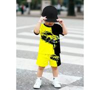 2 pièces/Set T-shirt et short imprimé élément de voiture pour jeunes garçons, imprimé numérique noir et jaune, tenue décontractée à la mode pour garçons, convient pour l'été et le printemps 6Y,7Y,4Y,5