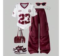 2 pièces/Set T-shirt graphique à manches raglan américain et pantalon cargo patchwork pour préadolescentes, HYPEME adolecent Girl 8Y,9Y,10Y,11Y,12Ygraphique,LettresPolyester
