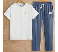 2 pièces/Set T-shirt manche courte col rond ajusté et pantalon taille élastique pour homme, décor badge en tricot, tenue d'été décontractée, convient pour le port quotidien L,M,S,XL,XS,XXL,XXS,XXXL,XX