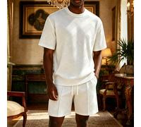 2 pièces/Set T-shirt texturé d'été + short pour hommes, style décontracté à la française pour les vacances. Convient pour la dégustation de vin, les rassemblements sur la terrasse, les trajets en vill