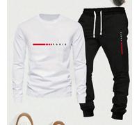 2 pièces/Set Tee-shirt casual à manches longues col rond avec imprimé graphique PARIS + Pantalon casual, Vêtements d'automne pour grands formats 2XL,3XL,4XL,5XL,6XLGéométrique,LettresTissu tricoté