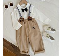 2 pièces/Set Tenue de bébé garçon nouveau-né et tout-petit de style gentleman, comprenant un body à manches longues mignon et un pantalon à bretelles kaki. Convient pour Pâques, mariage, célébration d