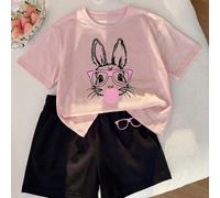 2 pièces/set Tenue de fille avec imprimé lapin mignon à lunettes, t-shirt rose à manches courtes et short noir pour jeune fille, été 6Y,7Y,4Y,5YgraphiquePolyester