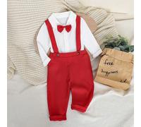2 pièces/Set Tenue de gentleman mignon pour tout-petits garçons, comprenant une chemise à col blanc à manches longues avec un nœud papillon et un pantalon à bretelles décontracté. Élégante et élégante