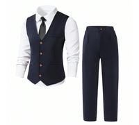 2 pièces/Set Tenue de gentleman pour adolescent, gilet slim fit bleu marine + pantalon texturé, costume formel élégant pour anniversaire, mariage, invité de mariage, page, porteur des alliances, rentr