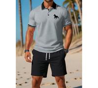2 pièces/Set Tenue de polo d'été, polo à manches courtes avec imprimé cheval au galop et short à taille cordonnée jusqu'aux genoux, vêtements de plage décontractés L,M,S,XL,XXL,XXXLAnimalTissu tricoté
