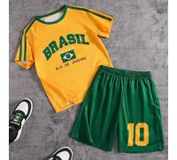 2 pièces/Set Tenue de sport décontractée à la mode pour garçons, Top à séchage rapide en maille avec graphique lettré color block, assorti à des shorts numéro "10", convient aux garçons en été 8Y,9Y,1
