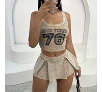 2 pièces/Set Tenue de sport d'été pour femme, comprenant un top court élastique n°76 et un ensemble jupe plissée à taille basse, décontracté L,M,STissu tricoté