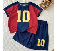 2 pièces/Set Tenue de sport rayée rouge et bleue pour jeunes garçons, ensemble de t-shirt en tricot et short, FC Barcelone, convient pour l'intérieur, l'extérieur, le port quotidien, les sports, les j