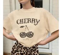2 pièces/set Tenue de style vintage pour adolescentes, T-shirt ample à imprimé léopard "CHERRY" et shorts décontractés avec motif cerise, convient pour un style décontracté, la rentrée scolaire, le st