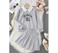 2 pièces/Set Tenue de Sweat-shirt pour jeunes filles retour à l'école, automne, nouveau col Peter Pan imprimé de lettres à manches longues avec capuche et jupe plissée grise polyvalente 8Y,9Y,10Y,11Y,