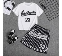 2 pièces/set Tenue décontractée de sport pour garçon préadolescent, t-shirt unicolore avec impression du numéro 23 et de la lettre Los Angeles, et short rayé. Printemps/Été 8Y,9Y,10Y,11Y,12YGéométriqu