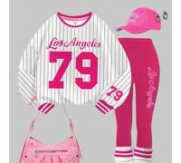 2 pièces/Set Tenue décontractée en jersey pour jeune fille, Sweat-shirt-shirt à col rond à manches longues avec imprimé graphique "Los Angeles" numéro 79 et rayures, et leggings, convient pour l'autom