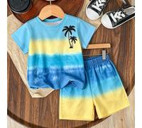2 pièces/Set Tenue décontractée et confortable polyvalente pour jeunes garçons, survêtement, style vacances dopamine, design imprimé dégradé de palmier, idéal pour le printemps/été, tenue décontractée