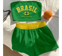 2 pièces/Set Tenue décontractée et sportive pour femmes avec bloc de couleurs, imprimé drapeau du Brésil et lettres. Convient pour le printemps/été, les vêtements de sport, le beach-volley, l'été, les