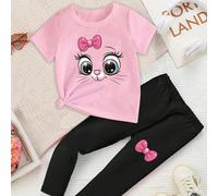 2 pièces/Set Tenue décontractée mignonne pour bébé fille avec lunettes de chat, décoration de nœud papillon, t-shirt à manches courtes avec imprimé lettres et pantalon. Confortable pour le port quotid