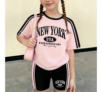 2 pièces/Set Tenue décontractée minimaliste pour préadolescentes, rayures et impression de lettres "New York", blocs de couleurs. Convient pour l'été, les activités de w nd, une tenue d'été mignon