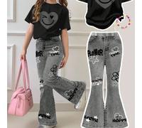 2 pièces/Set Tenue décontractée pour adolescente avec t-shirt à col rond à manches courtes imprimé de cœurs et de visages graffitis, et pantalon évasé. Convient pour l'été, l'automne, la maison, la so