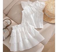 2 pièces/Set Tenue d'été pour bébé fille, style île, nouvelle arrivée, chemise à manches évasées sans manches dos nu avec col fleuri, jupe à volants, tissu de lin blanc ajouré, tenue élégante et décon