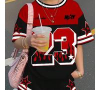 2 pièces/Set Tenue jersey rose et marron pour préadolescentes, T-shirt à manches courtes et short décontractés avec graphique numéro 23 Los Angeles USA, convient pour l'été, les sports, l'extérieur, l