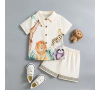 2 pièces/Set Tenue pour tout-petits garçons 4-7 ans, imprimé animal lion, zèbre, girafe. Chemise et short décontractés, mignons, thème animal zoo, activité de plein air, tenue de chasse. Chemise à man
