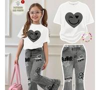 2 pièces/Set Tenues décontractées pour adolescentes avec t-shirt à col rond à manches courtes imprimé de cœurs et de visages graffitis, et pantalon évasé. Convient pour l'été, l'automne, la maison, l'