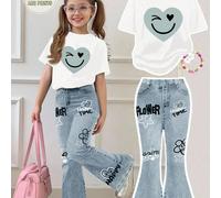2 pièces/Set Tenues décontractées pour adolescentes avec t-shirt à col rond à manches courtes imprimé de cœurs et de visages souriants, et pantalon évasé. Convient pour l'été, l'automne, la maison, l'