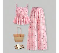 2 pièces/Set Top à bretelles à volants avec imprimé floral texturé et pantalon ample à jambes larges, convient pour les déplacements quotidiens, les tenues décontractées, les vacances, les sorties, le