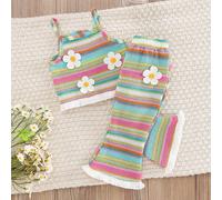 2 pièces/Set Top à bretelles en crochet à fleurs avec franges et pantalon évasé casual pour bébé fille, motif coloré. Tenue d'été 6-9M,9-12M,12-18M,18-24M,2-3Y,3-6MFloral,Plantes,Rayures arc-en-cielPo
