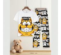 2 pièces/Set Top à col ras du cou manches courtes avec imprimé tigre blanc & Pantalon long ample décontracté en tissu tricoté confortable, tenue de détente pour adolescents garçons 8Y,9Y,10Y,11Y,12YAn