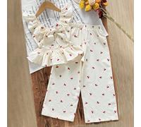 2 pièces/Set Top à manches bouffantes avec fleurs de cerisier et pantalon ample décontracté pour jeune fille, ensemble de 2 pièces pour enfants filles, vêtements style rétro pour enfants, ensemble rob